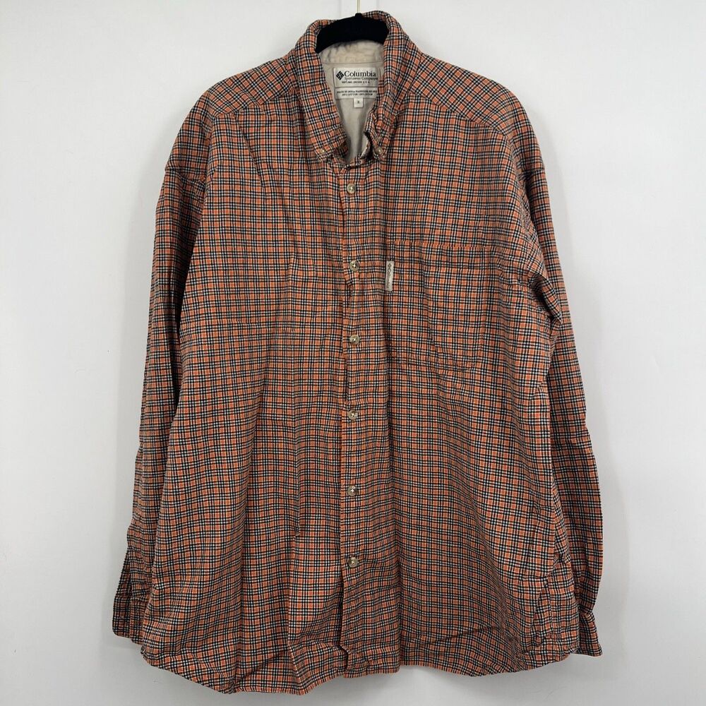 Columbia Shirt Mens XL Orange Plaid Long Sleeve Button Front Pocket Vintage